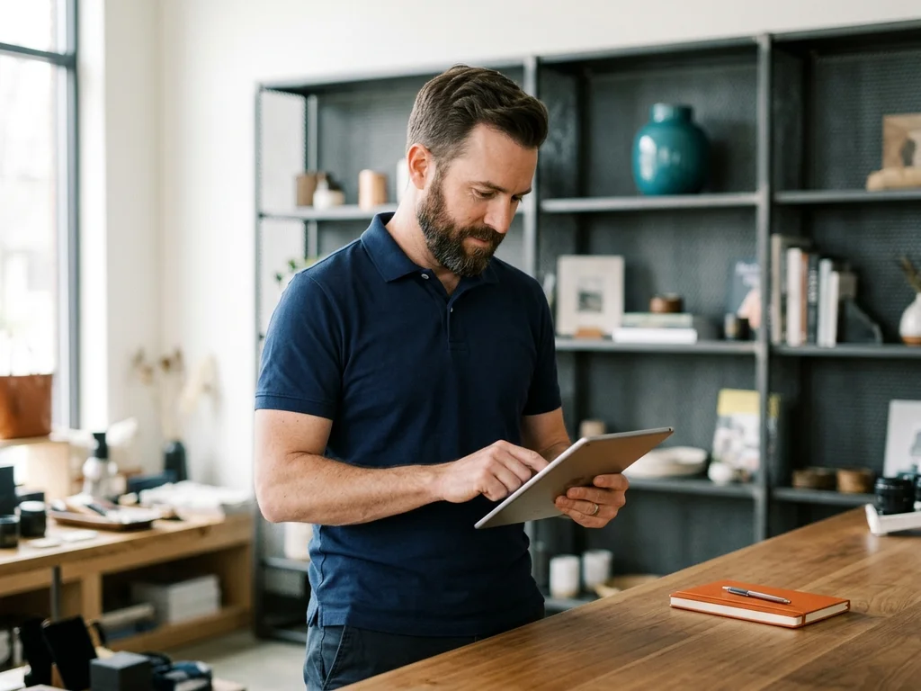 Commerçant de Massy optimisant sa visibilité locale sur tablette pour attirer plus de clients.