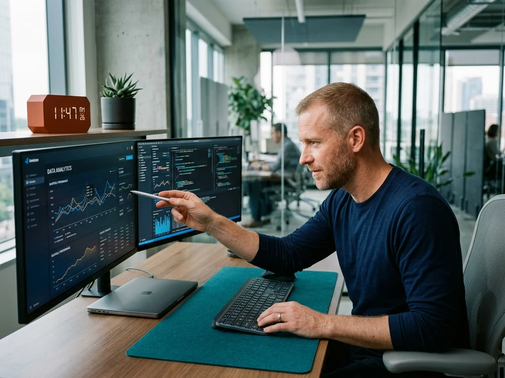 Un consultant SEO analyse avec précision les graphiques de performance technique sur son écran.